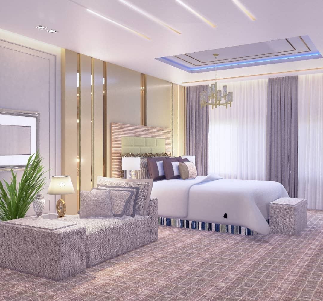 Luxury bedroom with chandelier — 3D render by 3A Design Solutions