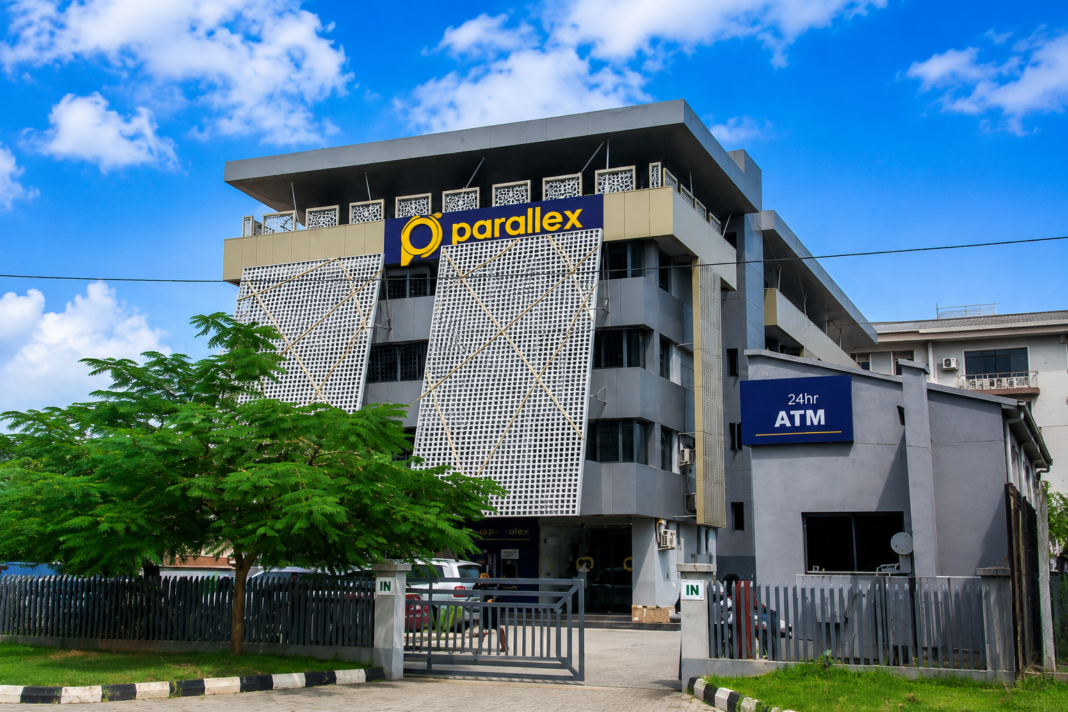 Parallex Bank headquarters at golden hour — flagship commercial project by 3A Design Solutions Lagos